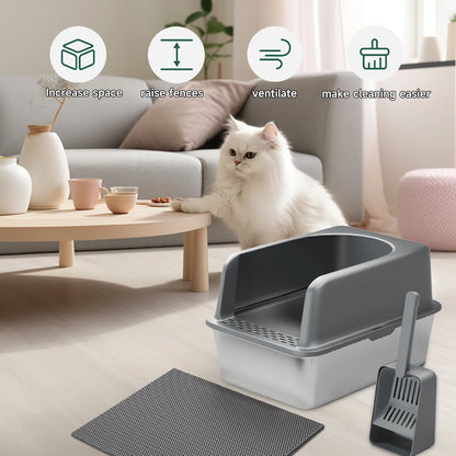 RVS Kattenbak - Kattentoilet Roestvrijstaal - Kattenbak - Open kattenbak - Geurvrij - met Kattenbakschep en Zandpad - 51x36x30cm - voor Katten - Grijs