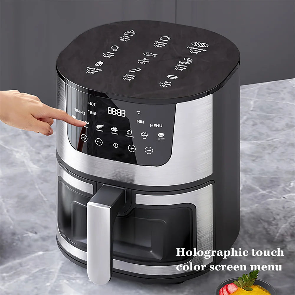 Digitale Airfryer - PFAS vrij - Groot 7 Liter - Heteluchtfriteuse - Zwart - Digital screen - Inclusief in hoogte verstelbaar Grillrack - met Touch Control - non-Basket & Zichtbare vensters - Familieformaat