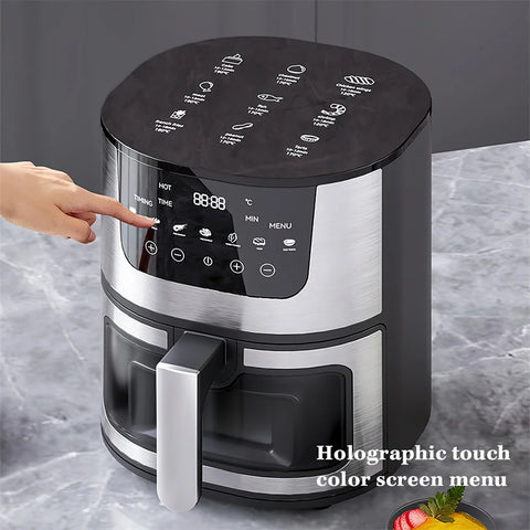 Digital Airfryer - PFAS free - Large 7 Liter - Hot air fryer - Black - Digital screen - Including height-adjustable Grill rack - with Touch Control - non-Basket &amp; Visible windows - Family size