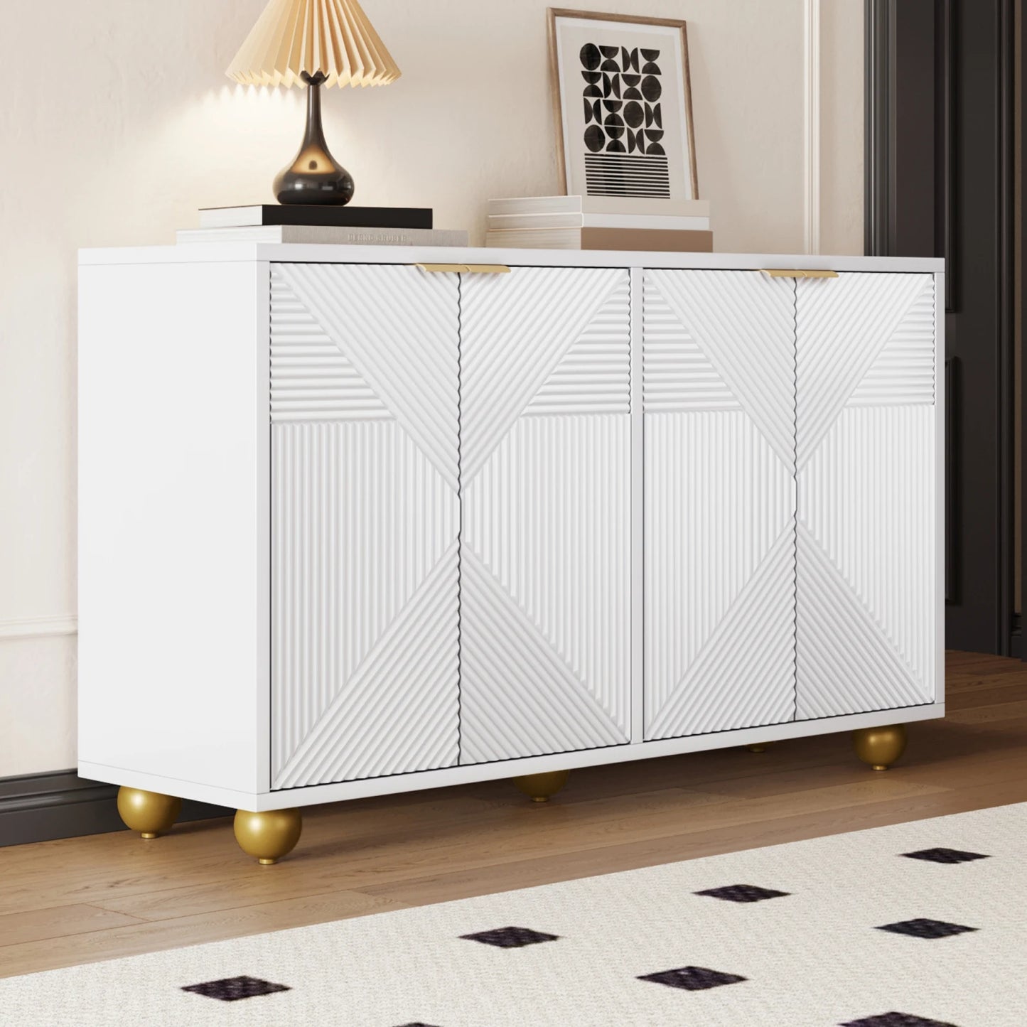 Opbergkastje – Opbergmeubel – Dressoir – Woonkamerkast – Halmeubel – Wit Met Gouden Handgrepen – 120x35x71,5 cm – Verstelbare Planken