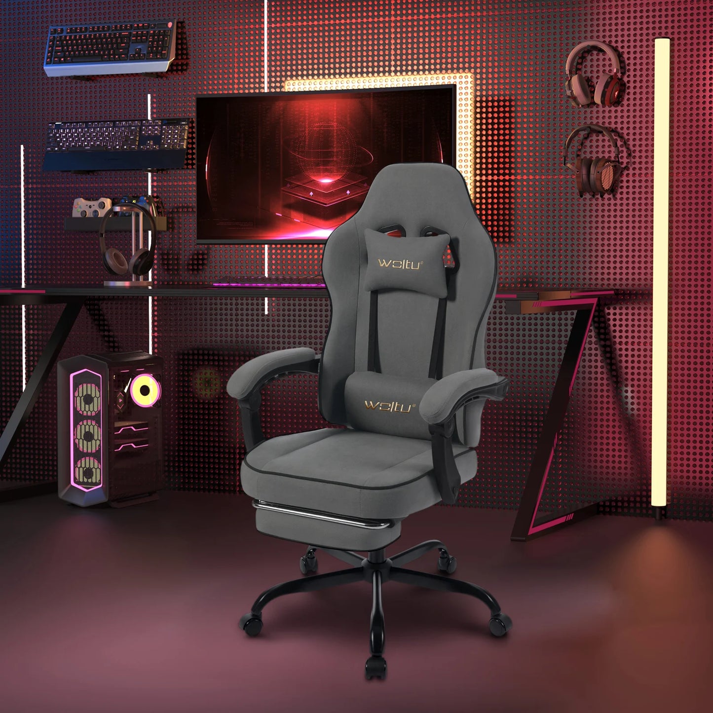 Gaming Stoel - met Voetsteun - Bureaustoel - Ergonomische - Verstelbare -150 kg Draagvermogen - 145° Kantelbaar - Extra Brede Zitting - Zwart Mesh-stof - QUORE