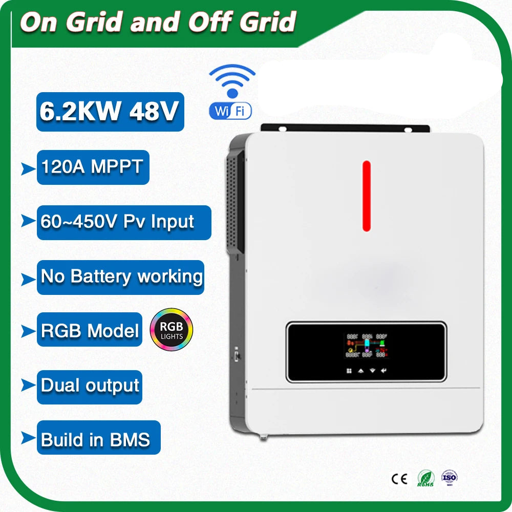 Hybride Solar Inverter – Zonne-Omvormer – MPPT Laadregelaar – Off-Grid Inverter – 6.2 kW Vermogen – Pure Sinusgolf Output