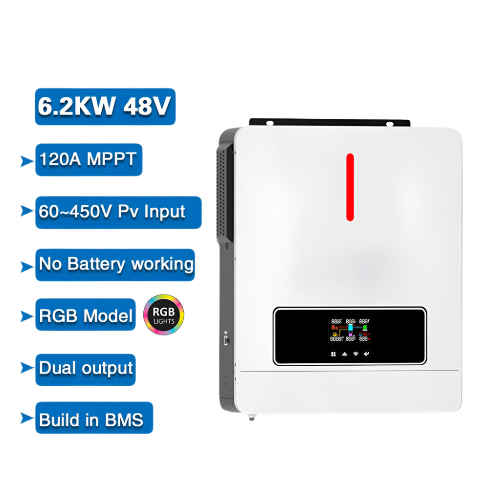 Solar Inverter – Zonne-Omvormer – 48V Omvormer – MPPT Inverter – Dual Output – 6200W Vermogen – Hoog Rendement Tot 98%