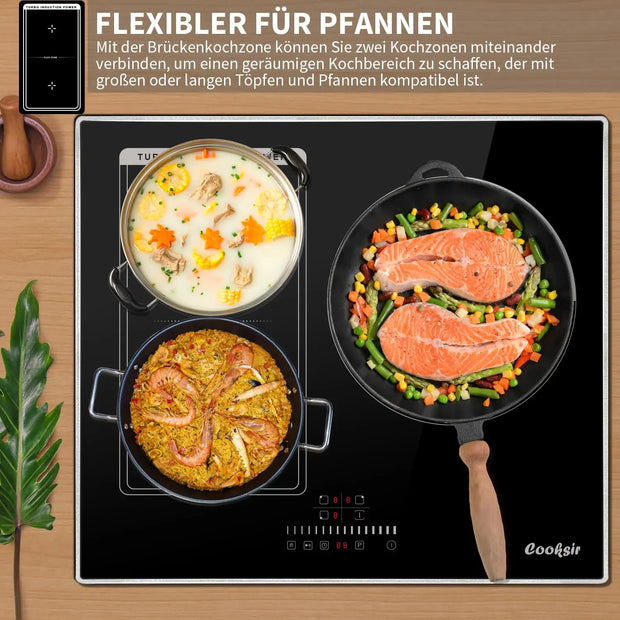 Inductie kookplaat - Induction Hob - Induction Cook Top - Inductie Fornuis - Elektrische Brander - Inductiekookplaat met frame - 60 cm - 3 platen - 6800W - Flexzone voor grill - Schuifbediening - Touch Control - Kinderbeveiliging - Zwart