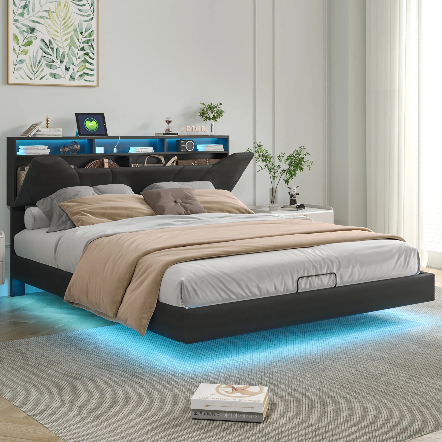 Bed 160x200 – Opbergbed – Led Bed – Stijlvol Bed – Verstelbaar Bed – Pneumatisch Hefbed Met USB-C – Zwart PU Leer - QUORE