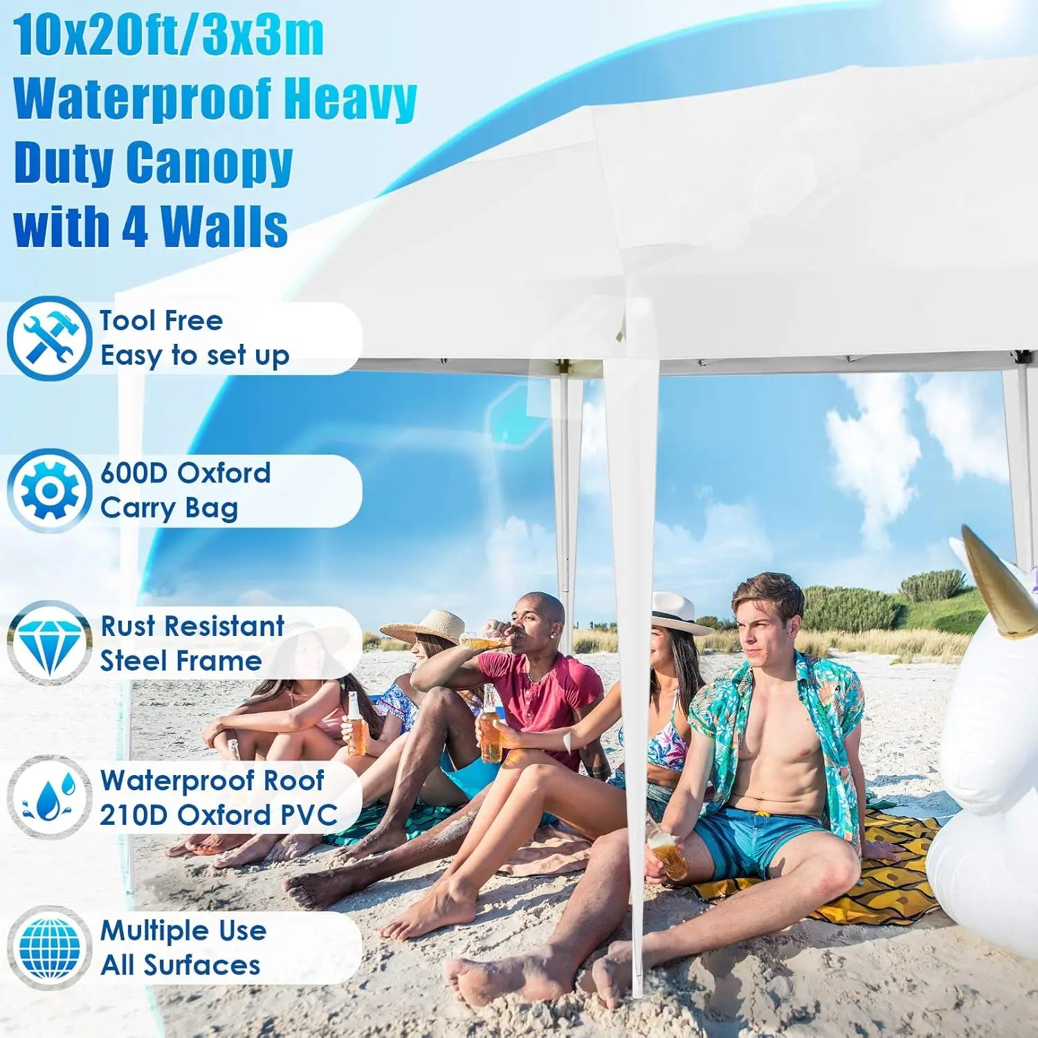 Partytent – Tent – Overkapping – Buitenluifel – 3x6 Meter – Waterdicht Oxford Doek – Verstelbaar Stalen Frame - Wit - QUORE