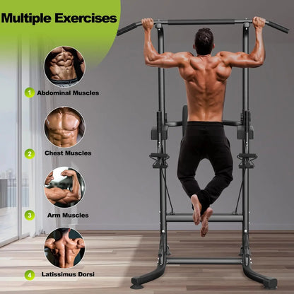 Power Tower - Pull Up Station - Bar - Rack - Dip - Push Up - Multifunctionele - Inclusief Weerstandsbanden - Verstelbaar - Oefening Abdominale Oefeningen - voor Thuis Gym Krachttraining - Zwart - QUORE