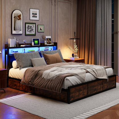 Led Bed – Opbergbed – Tweepersoonsbed – Gestoffeerd Bed – Slaapbank – 140x200 cm – LED Verlichting & 4 Lade Opbergruimte