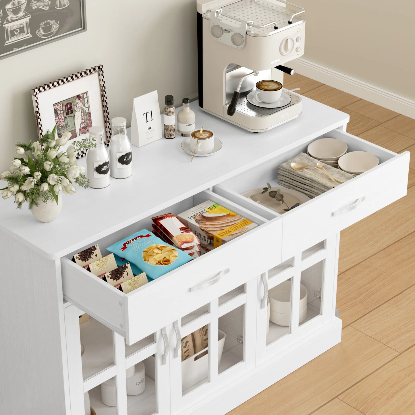 Witte Keukenkast – Buffetkast – Dressoir – Opbergkast – Kast Met Glazen Deuren – 108x38x98,5 cm – Houtpaneel En Gehard Glas