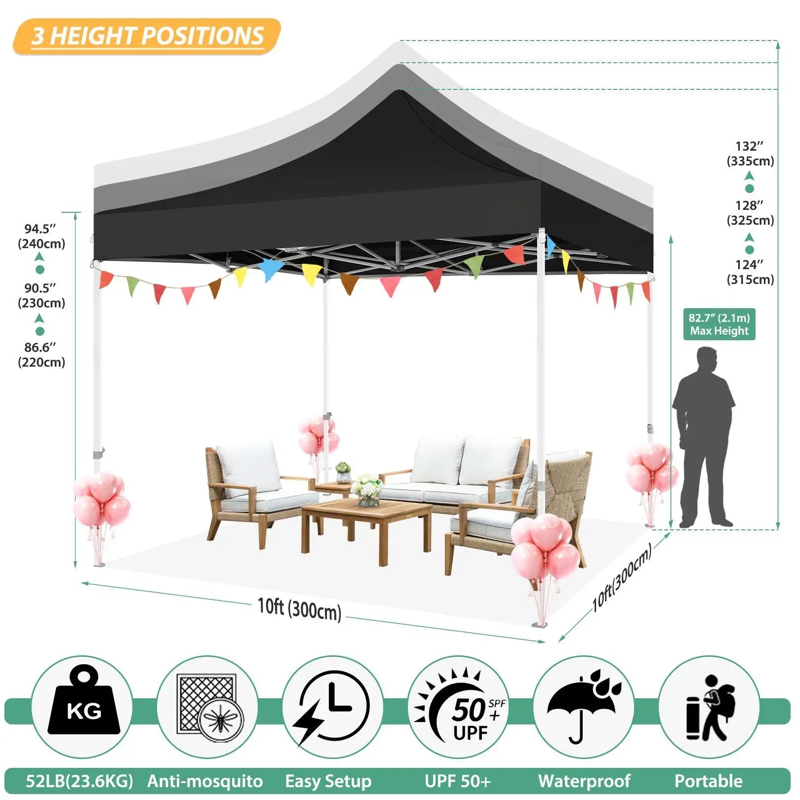 Opvouwbaar Tuinhuisje – Pop-Up Tent – Overkapping – Insectenbescherming – Waterdicht Oxford – Drie Verstelbare Hoogtes - Zwart - QUORE