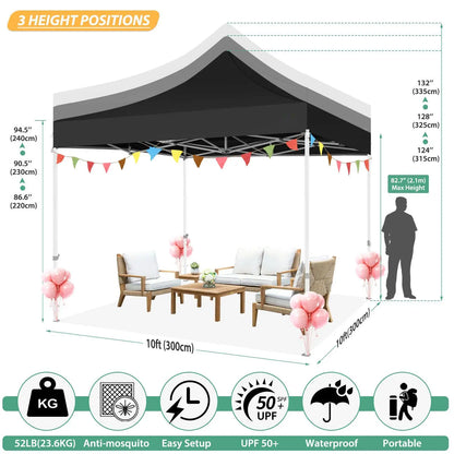 Opvouwbaar Tuinhuisje – Pop-Up Tent – Overkapping – Insectenbescherming – Waterdicht Oxford – Drie Verstelbare Hoogtes - Zwart - QUORE
