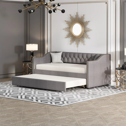 Slaapbank – Bedbank – Bankbed – Logeerbed – Opklapbed – Linnen Bekleding Grijs – Uittrekbaar Bed 90x200 cm – Stevig MDF Frame Tot 150 kg