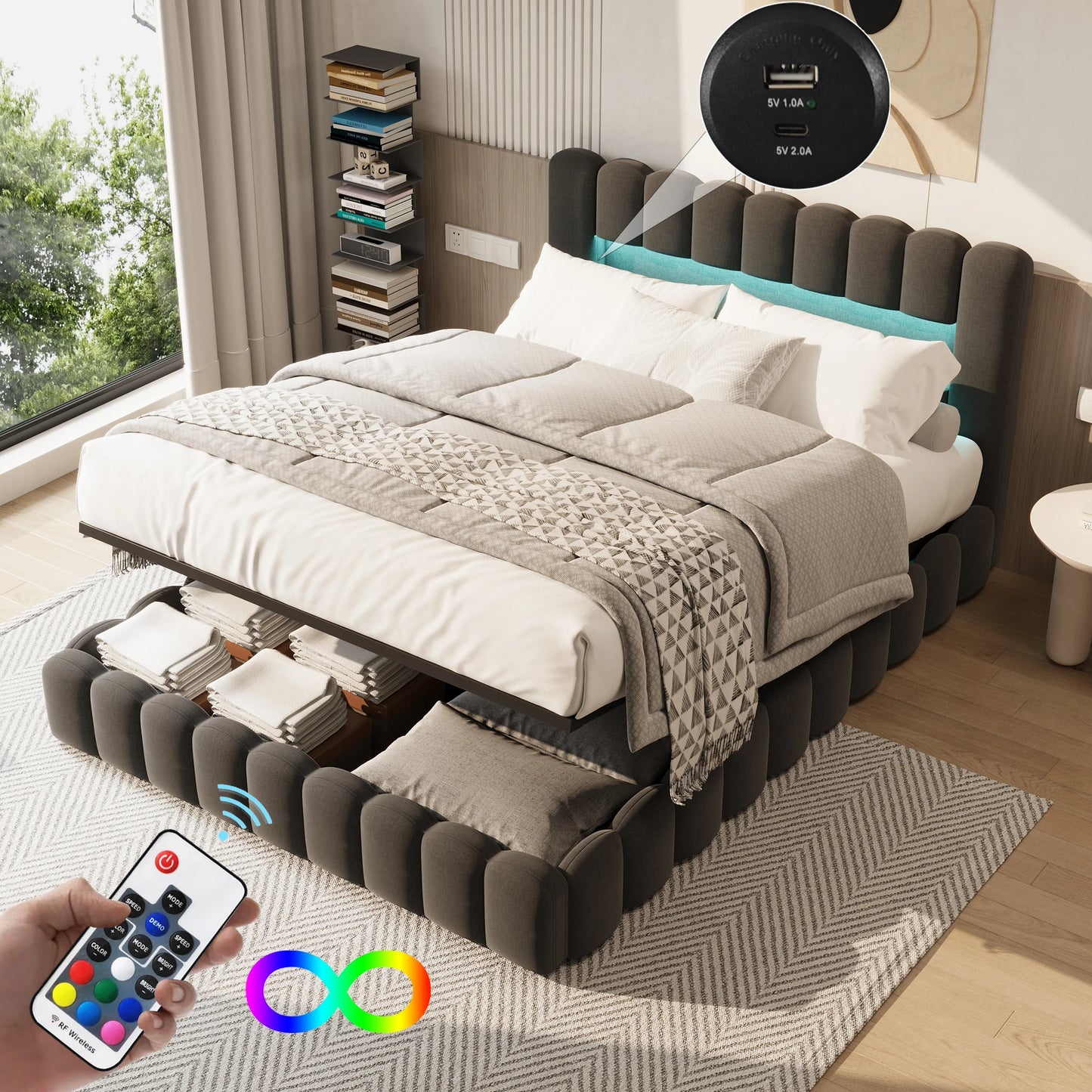 Tweepersoonsbed – Bed – Slaapbed – Bedframe – Gestoffeerd Bed – Grijs 140x200 cm – Verlicht Hoofdbord Met Instelbare LED’s – Ingebouwde USB-Oplaadpoort