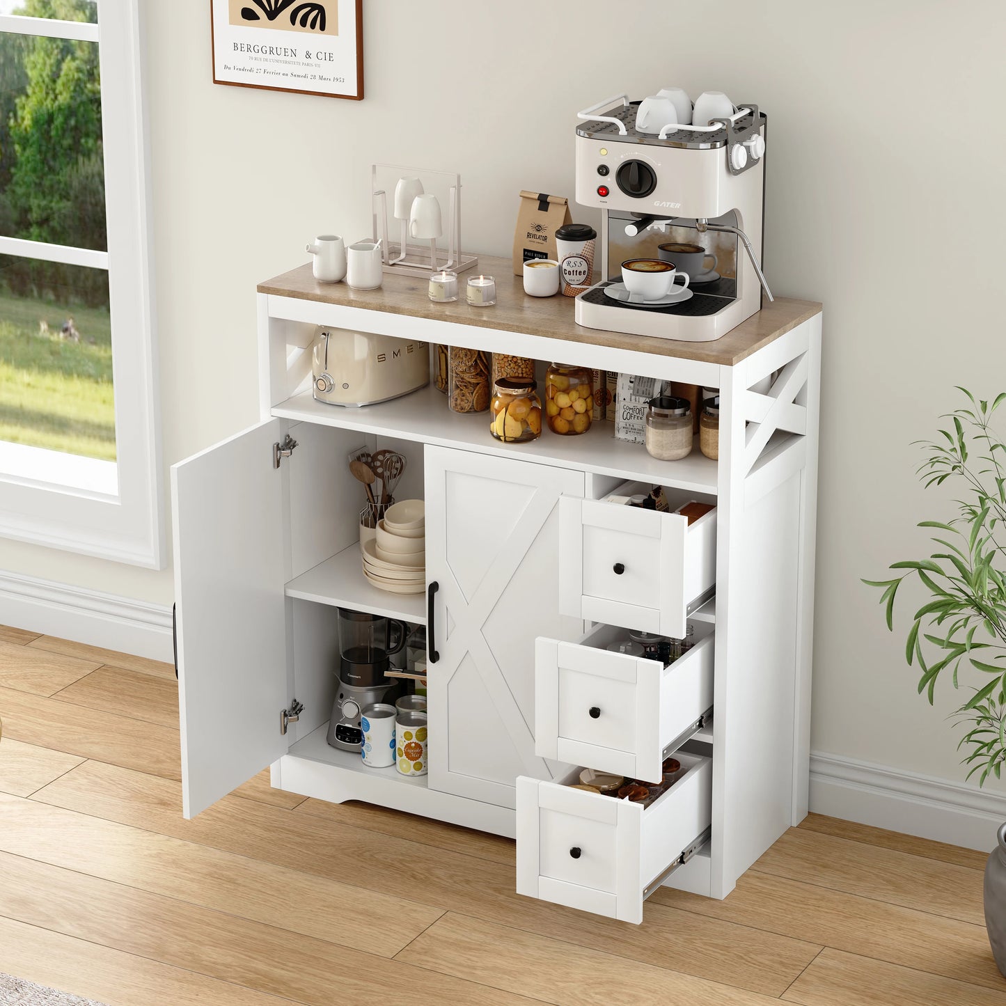 Houten Dressoir – Opbergkast – Sideboard – Kast – Ladekast – Wit Met Houtaccenten – 3 Laden & 2 Deuren – Compact 100x40x72,3 cm