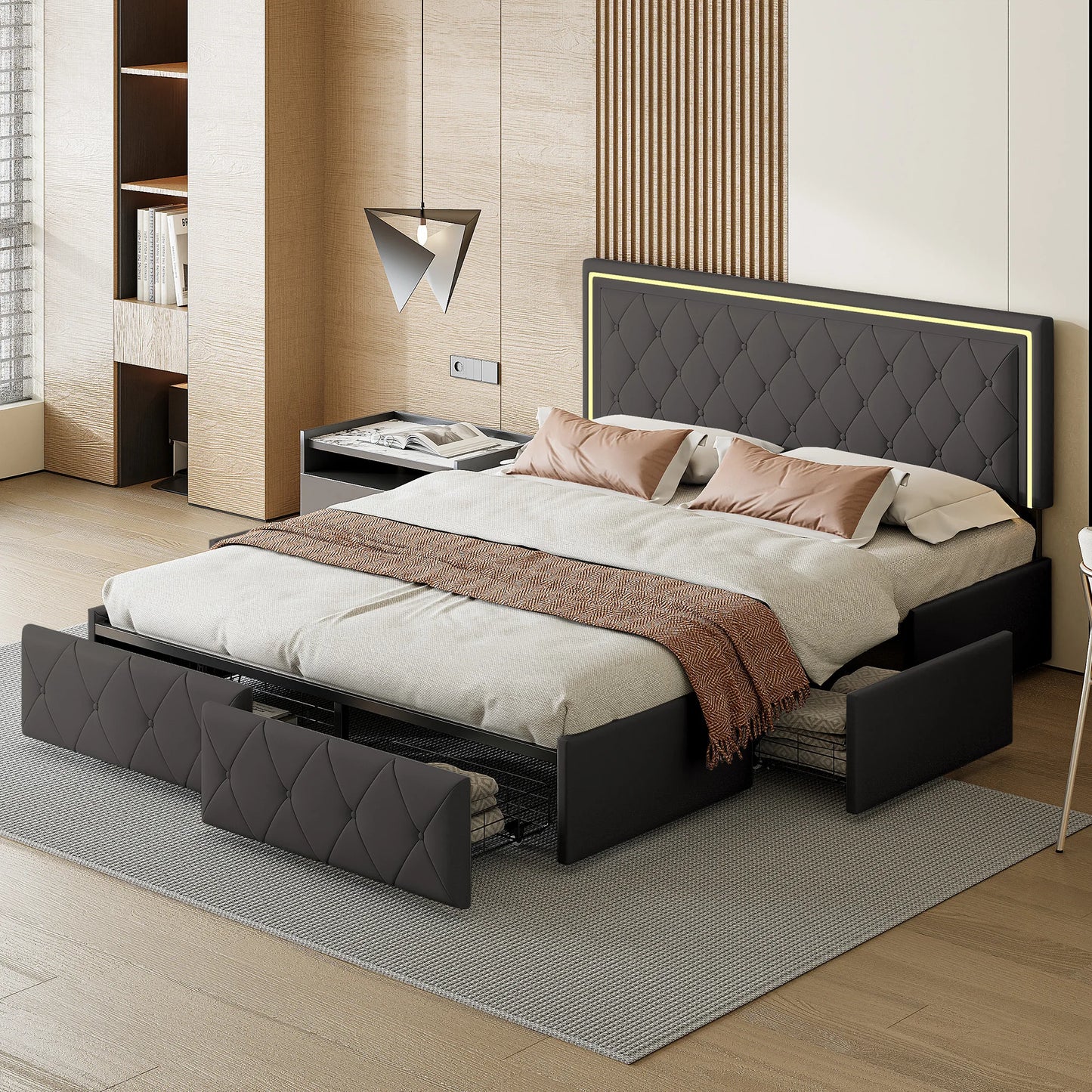 Bed – Bedframe – Ledikant – Slaapbank – Opbergbed – Grijs 160x200 cm – Met 4 Opberglades – Stevig Metalen Frame