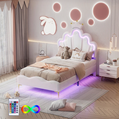 Prinsessenbed – Kinderbed – Eenpersoonsbed – Slaapbank – Jeugdbed – Wit – 90x200 cm – Kroonvormig Hoofdbord – LED-Verlichting
