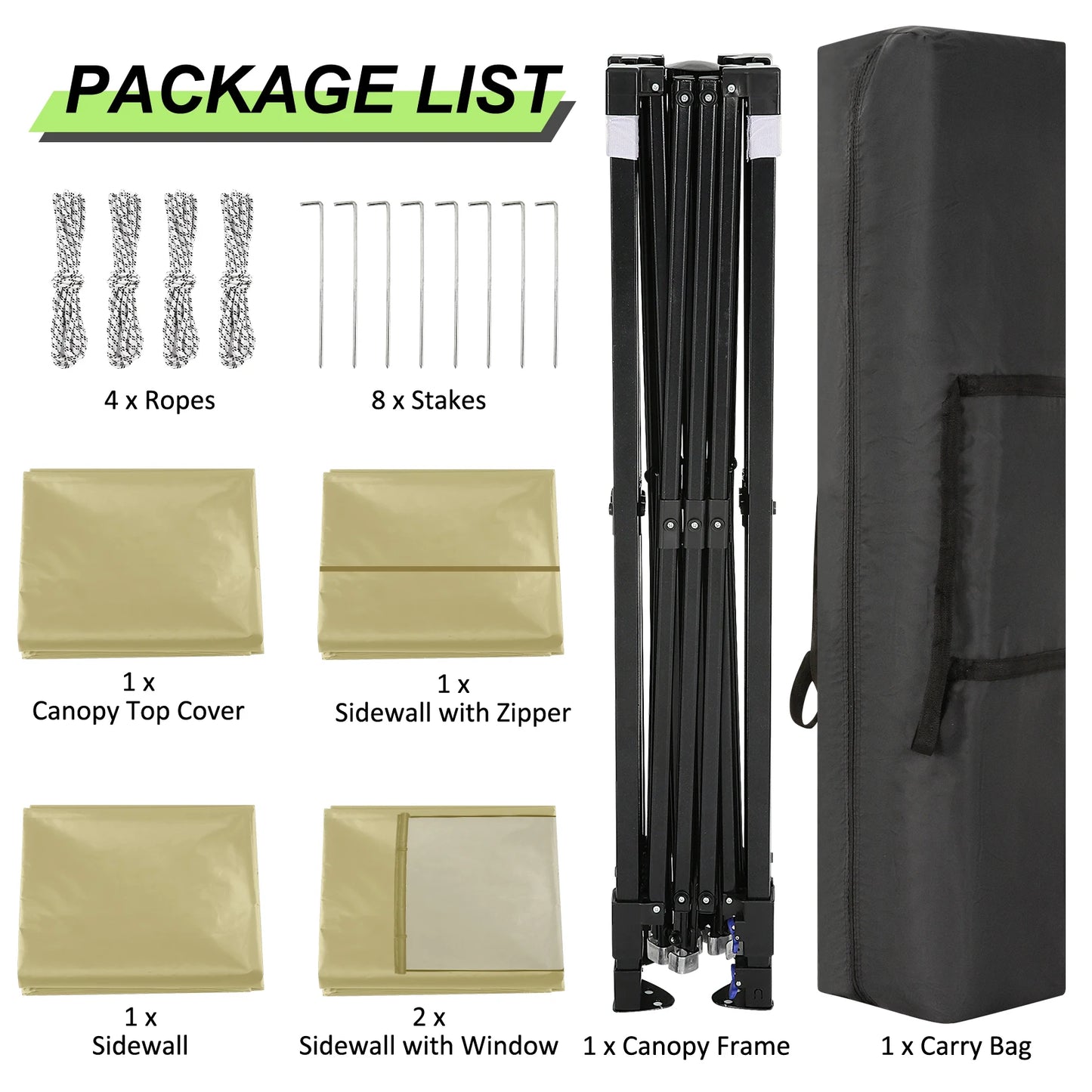 Opvouwbare Luifeltent – Tuin Tent – Partytent – Schaduwdoek – 3x3 Meter – Waterdicht Oxford Doek – Verstelbare Zijwanden - Khaki