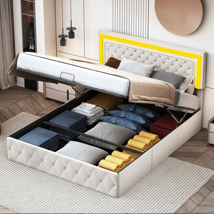 Opbergbed – Gestoffeerd Bed – Tweepersoonsbed – Stauraumbed – Hydraulisch Bed – 140x200 cm – Beige Fluweel – Met Hydraulische Opbergruimte