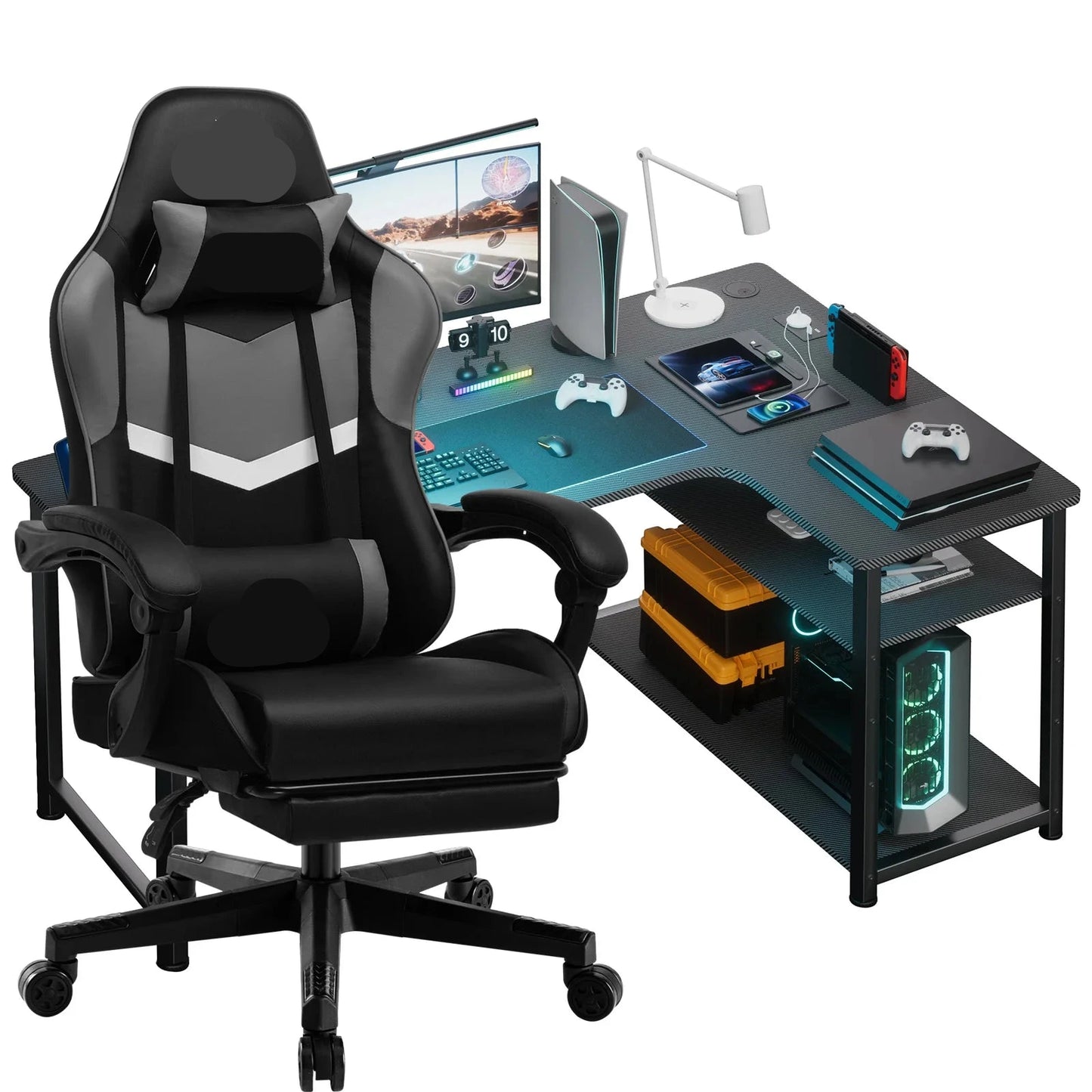 Gaming Bureau- en Stoelset – Gamingbureau – Bureaustoel – Werkplek Meubel – Gaming Meubel – Ergonomisch Ontwerp – Verstelbare Zithoogte
