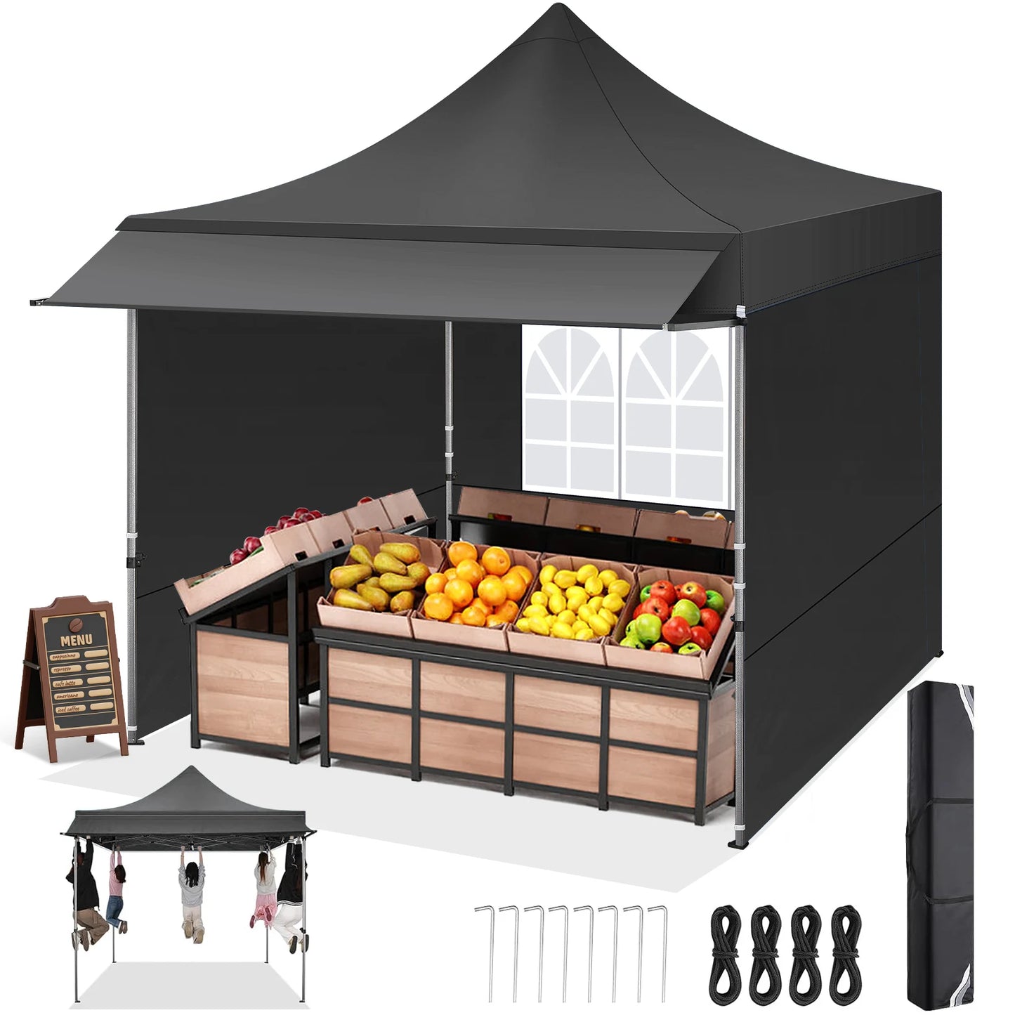 Partytent – Pop-Up Tent – Tuinkamer – Overkapping – 3X3 Meter – Waterafstotend Oxford Polyester – Verstelbare Hoogte - Zwart