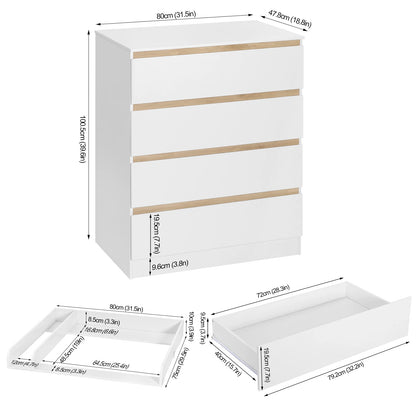 Ladekast - Commode - Opbergkast - met Verwijderbare Verschoontafel – 4 Grote Lades – 80x75x109,2 cm – Babykast voor Kinderkamer - Wit - QUORE