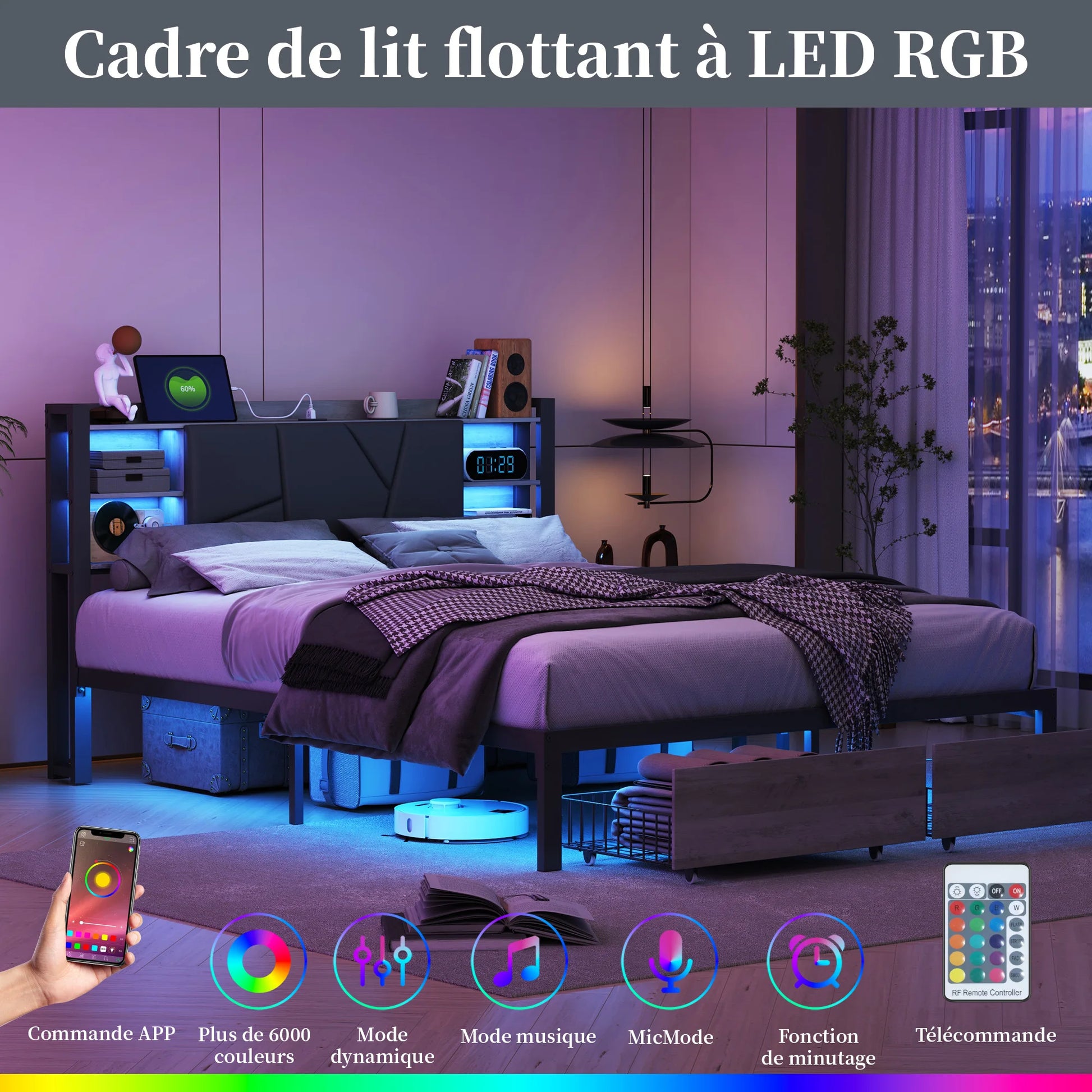 Modern Gestoffeerd Tweepersoonsbed – Ledikant – Bedframe – Slaapkamerbed – Opbergladenbed – 140x200 CM – Met Led-Verlichting & Usb-Oplaadpoort - QUORE