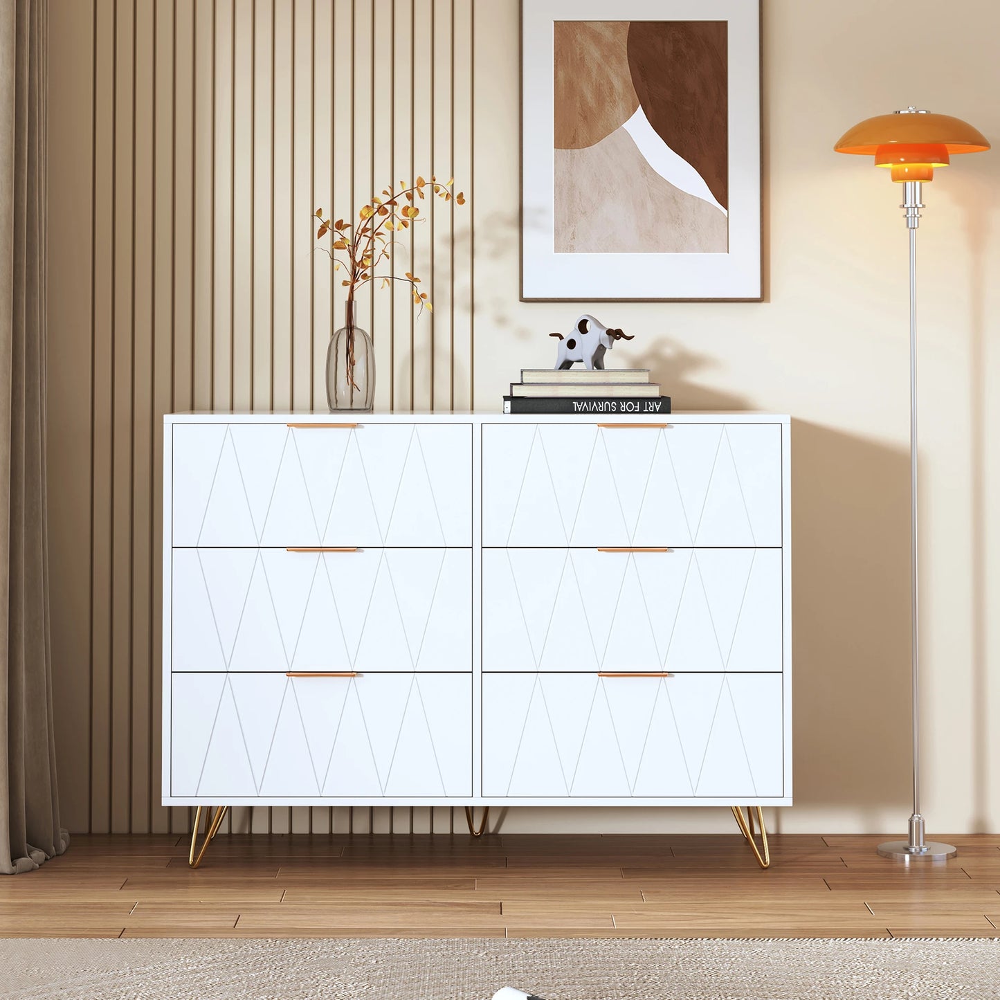 Ladekast – Kommode – Opbergkast – Dressoir – Ladenkast – Wit Met Gouden Handgrepen – 6 Ruime Laden – Met Anti-Kantelbeveiliging