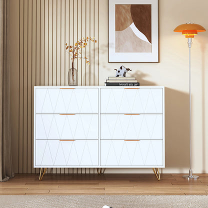 Ladekast – Kommode – Opbergkast – Dressoir – Ladenkast – Wit Met Gouden Handgrepen – 6 Ruime Laden – Met Anti-Kantelbeveiliging