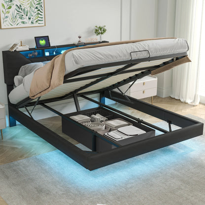 Gestoffeerd Tweepersoonsbed – Opbergbed – Led Bed – Hydraulisch Bed – Bed 140x200 cm – Zwart PU-leer – Verstelbaar Hoofdbord Met USB-poort – Ruime Hydraulische Opbergruimte