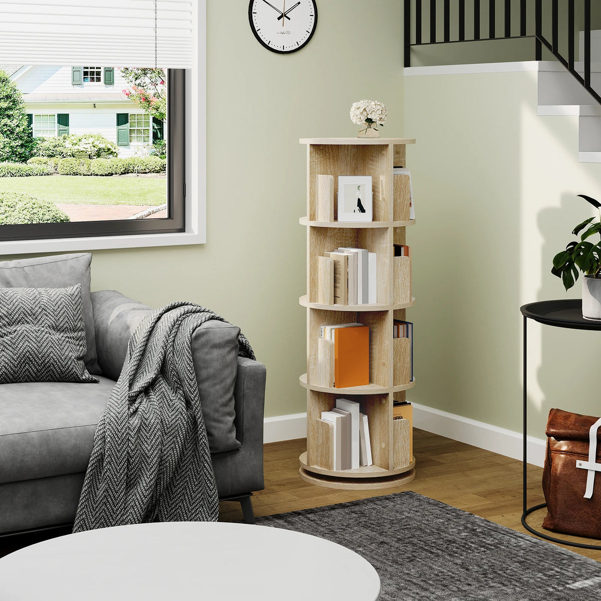 Boekenkasten - 4-Tier - Roterende Boekenplank - met 16 Compartimenten - voor Woonkamer - Kantoor - Kinderkamer - Organizer en Decoratie - 44 x 127,4 cm (φ x H) - Licht Eiken - QUORE
