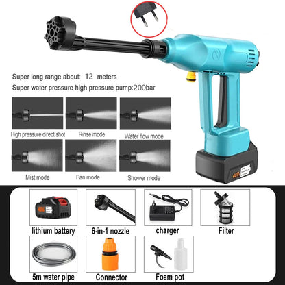Hogedrukreiniger - Terrasreiniger - Waterpistool - Draadloze - Elektrische - 30000mAh Accu - 200 Bar -  6-in-1 Spuitpistool - Pressure Washer - en Verstelbare Nozzle - Autowasser en Tuinreiniger – Inclusief 1x Accu