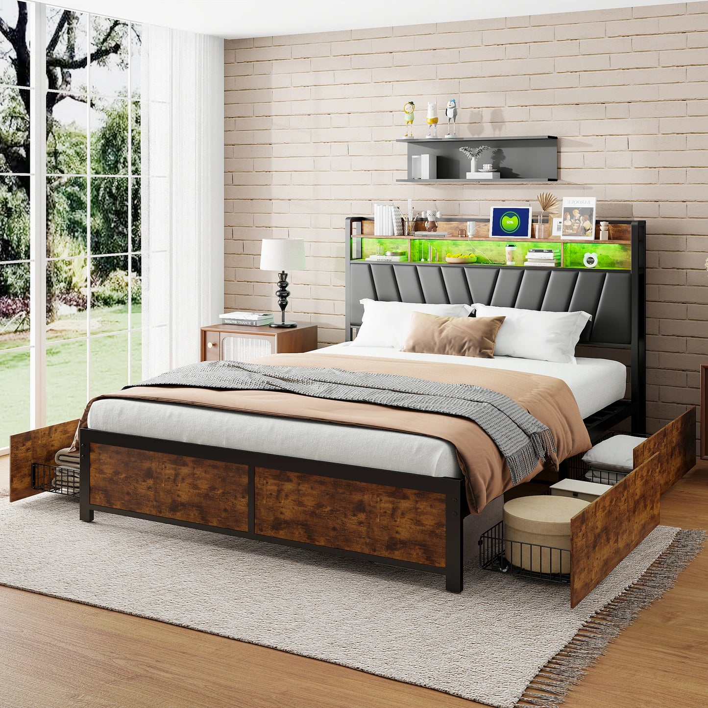 Tweepersoonsbed – Bed – Gestoffeerd Bed – Opbergbed – Bedframe – 160x200 cm – Staal en Hout – 4 Opberglades