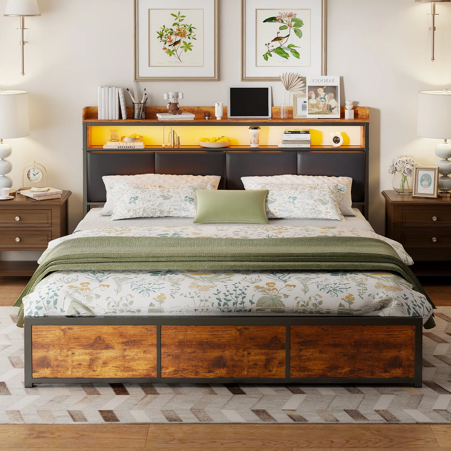 Comanlai Upholstered Bed,180 x 200 cm,Iron Frame, Double Bed with LED Lights and 4 Storage Drawers,Padded Bed with Slatted Frame