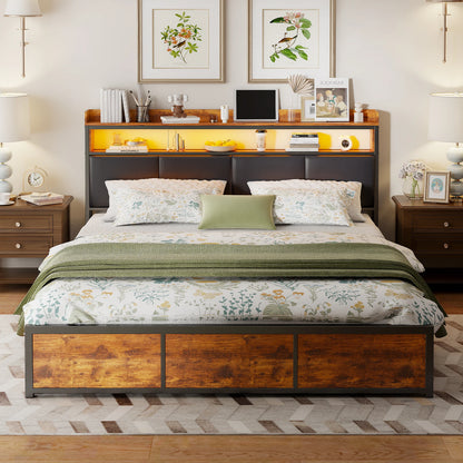 Comanlai Upholstered Bed,180 x 200 cm,Iron Frame, Double Bed with LED Lights and 4 Storage Drawers,Padded Bed with Slatted Frame