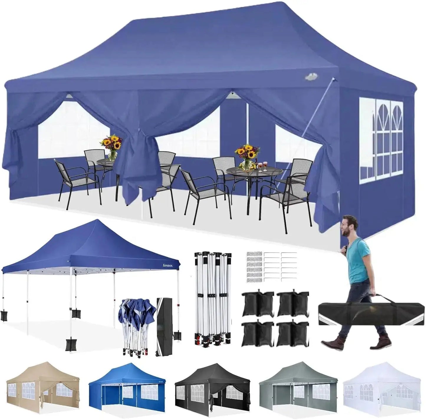 Gevouwen Gazebo – Overkapping – Tuentent – Partytent – 3x6 Meter – Waterdicht Oxford – Verstelbare Hoogte - Marineblauw - QUORE