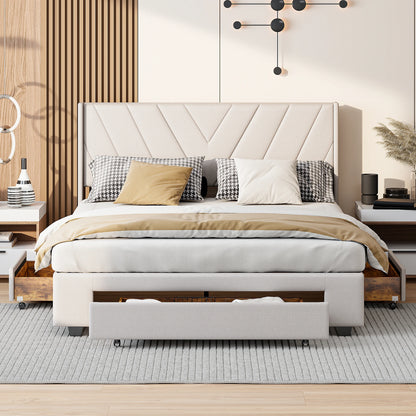 Tweepersoonsbed – Gestoffeerd Bed – Opbergbed – Ladebed – Linnen Bed – 160x200 cm – Met 3 Lades en Houten Lattenbodem