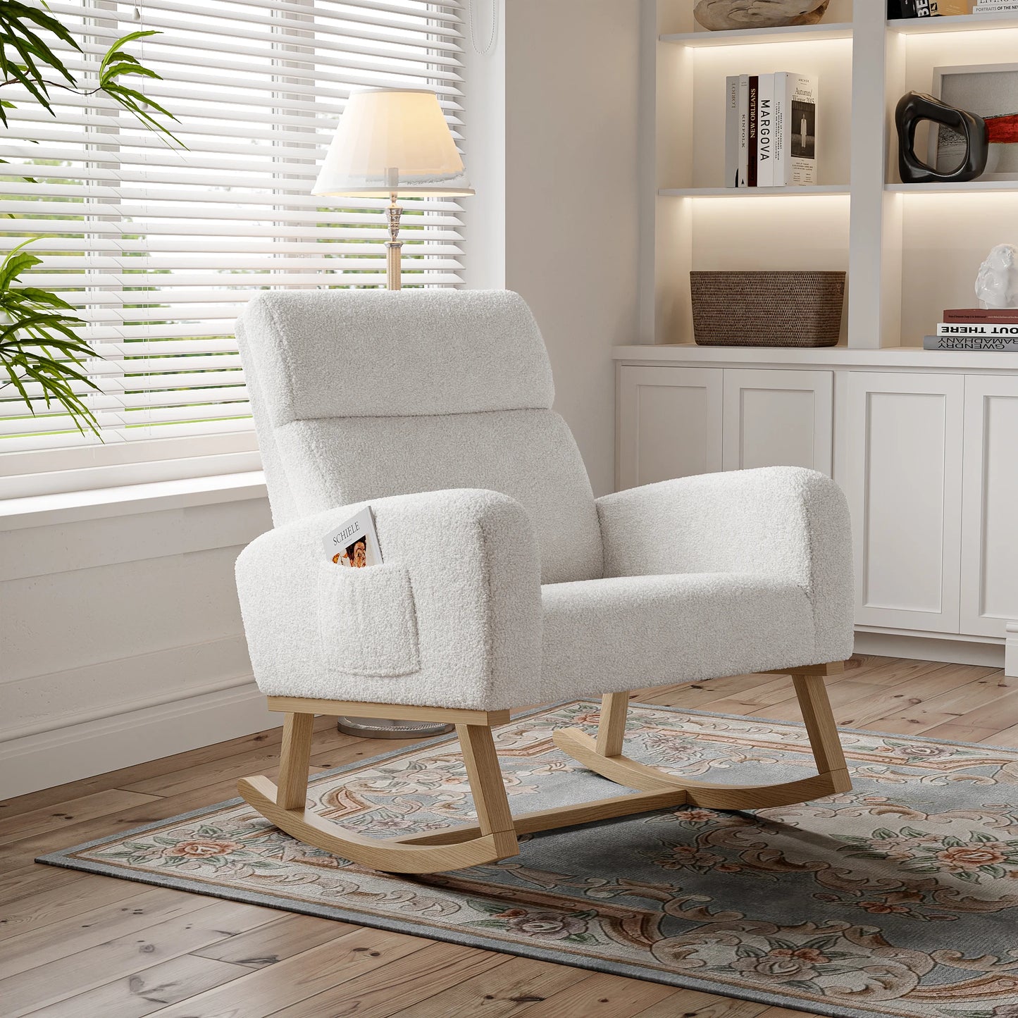Schommelstoel – Relaxstoel – Fauteuil – Voedingsstoel – Loungestoel – Lichtgrijs – Teddy Velvet Bekleding – Extra Dikke Zitkussen 14 cm