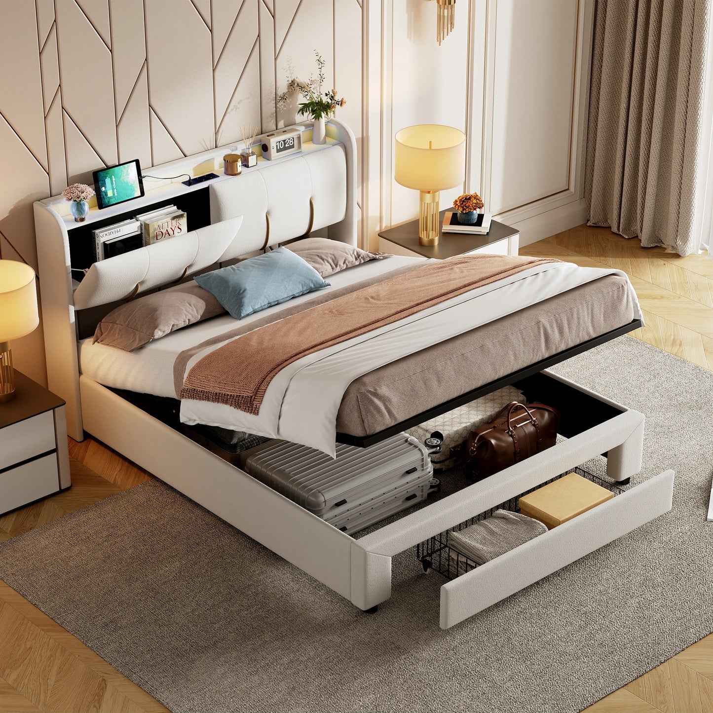 Tweepersoonsbed – Bedframe – Opbergbed – Slaapbank – Boxspring – 160x200 cm – Met LED-verlichting en USB-oplaadpunt – Grijs Fluwelen Hoofdeinde
