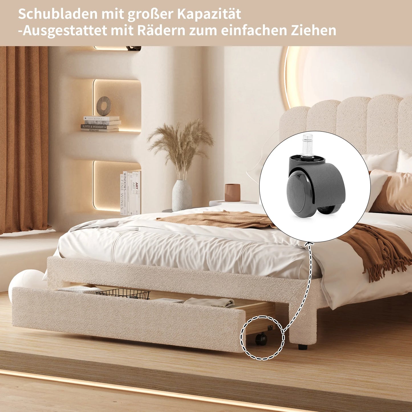 Bedframe – Tweepersoonsbed – Gestoffeerd Bed – Jeugdbed – Met Opberglade – 160x200 cm – Verstelbaar Teddy Hoofdbord – Inclusief USB Oplaadpoort