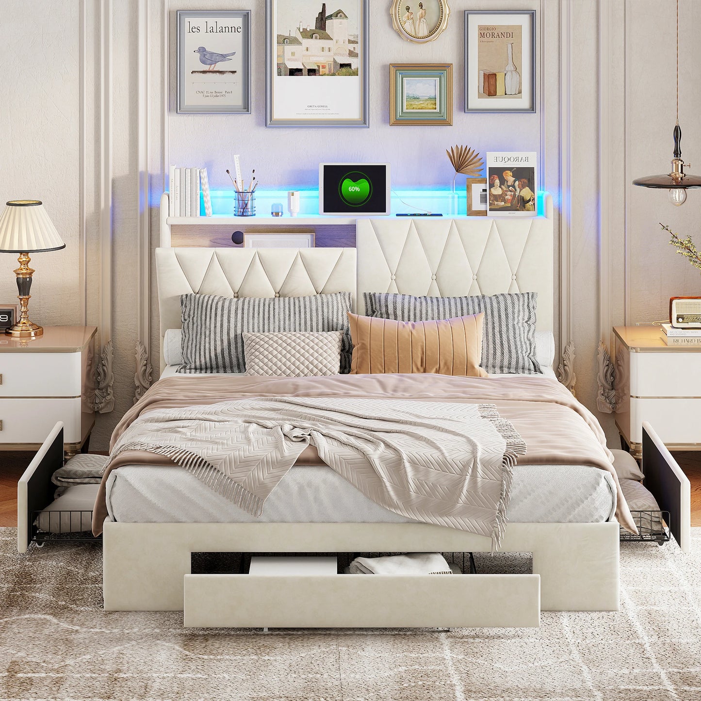 Tweepersoonsbed – Bed – Slaapbank – Boxspring – Bedlade – 160x200 cm – Velvet Bekleding – Ingebouwde LED Verlichting met USB Type-C Oplaadpoorten
