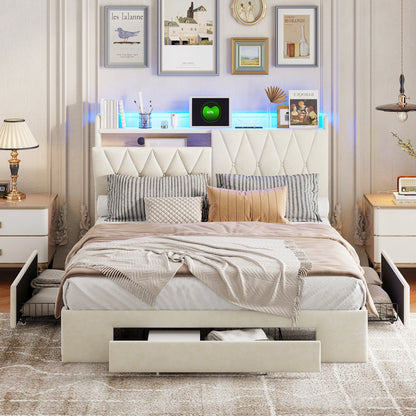 Tweepersoonsbed – Bed – Slaapbank – Boxspring – Bedlade – 160x200 cm – Velvet Bekleding – Ingebouwde LED Verlichting met USB Type-C Oplaadpoorten