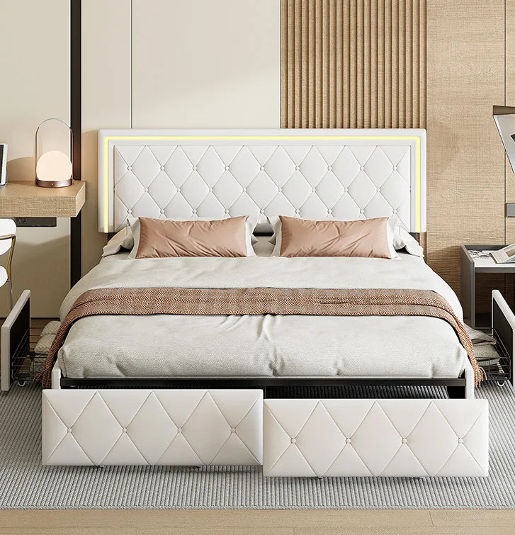 Modern Bed – Bedframe – Ledikant – Slaapbank – Bedkast – Wit 160x200 cm – Opberglades – LED-Verlichting