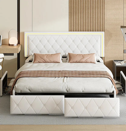 Modern Bed – Bedframe – Ledikant – Slaapbank – Bedkast – Wit 160x200 cm – Opberglades – LED-Verlichting