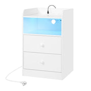 Nachtkastje - Bijzettafel - Nachtkastje met Oplaadstation – 2 USB-poorten - 2 Stopcontacten – Bijzettafel met Verstelbare LED-Verlichting – Houten Overbedtafel – Modern Slaapkamermeubel - 40x64x35 cm - Wit