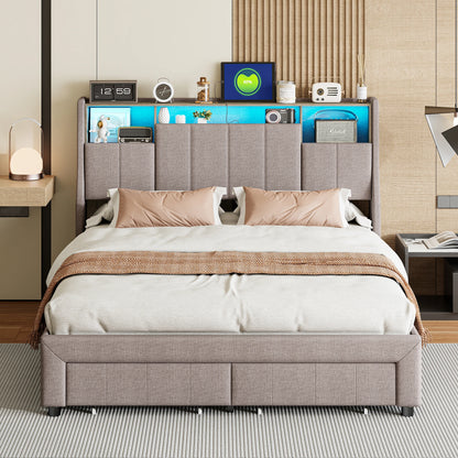 Tweepersoonsbed – Bed – Opbergbed – Led Bed – Slaapbank – 160x200 cm – Met Led Verlichting en Usb Poorten – Inclusief 2 Grote Laden