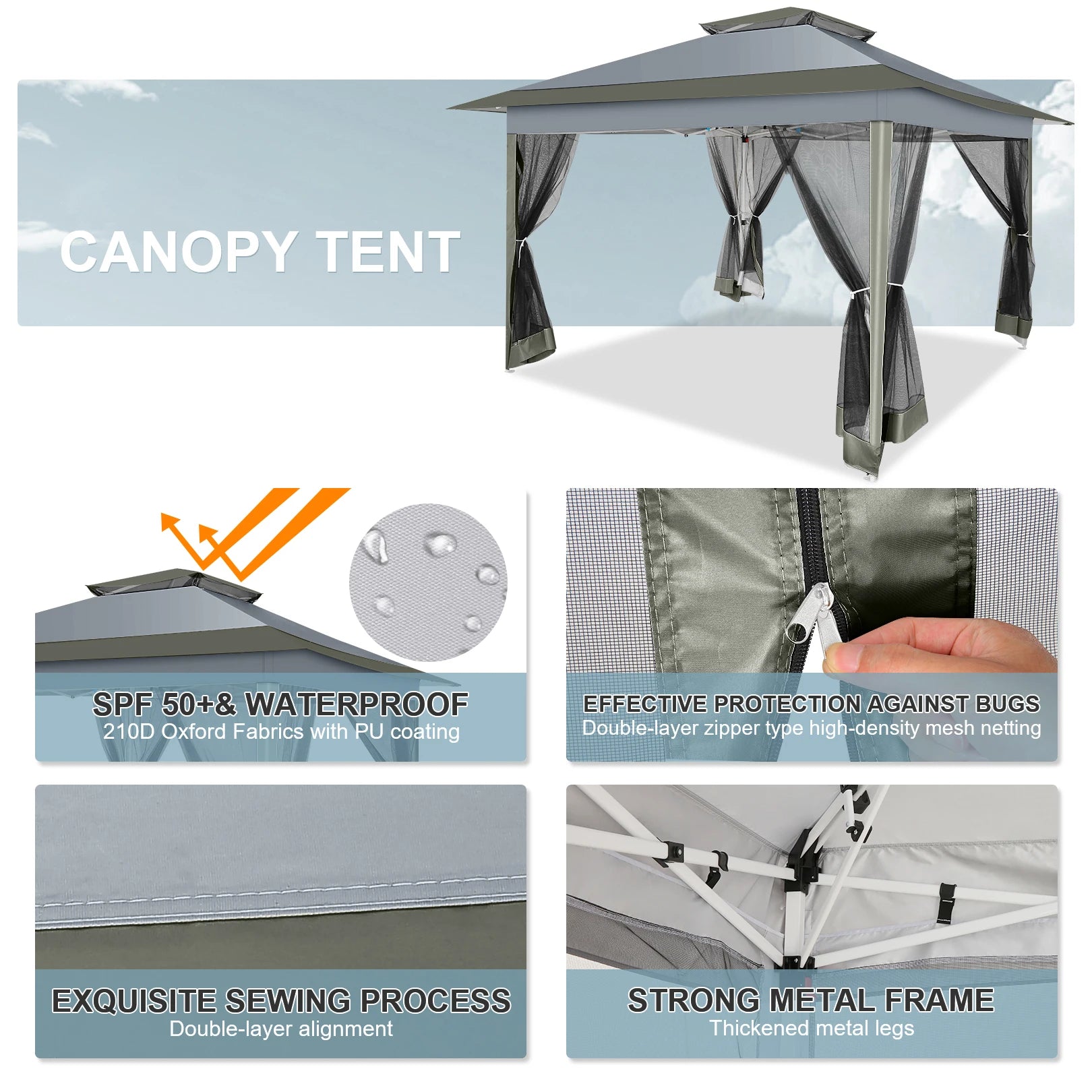 Paviljoen – Tuinpaviljoen – Partytent – Overkapping – Schaduwdoek – Waterafstotend – UV-Bescherming - 3 x3 Meter - Donkergrijs - QUORE