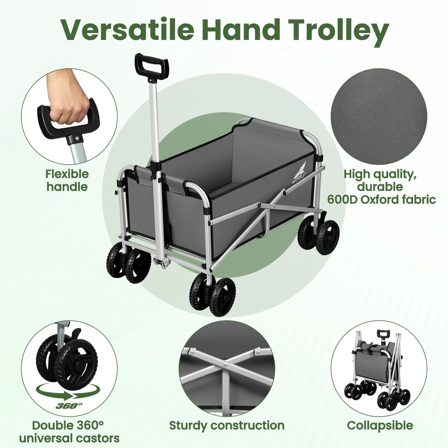 Tuinwagen - Tuinkar - Strand - Bolder - Boodschappen - Transport - Heavy-duty - met Dubbele Wielen en Rem - Voor Tuin - Erf - en Magazijn - Ergonomische Handgreep - 360° Draaibare Wielen - Draagvermogen 80kg - Donkergrijs