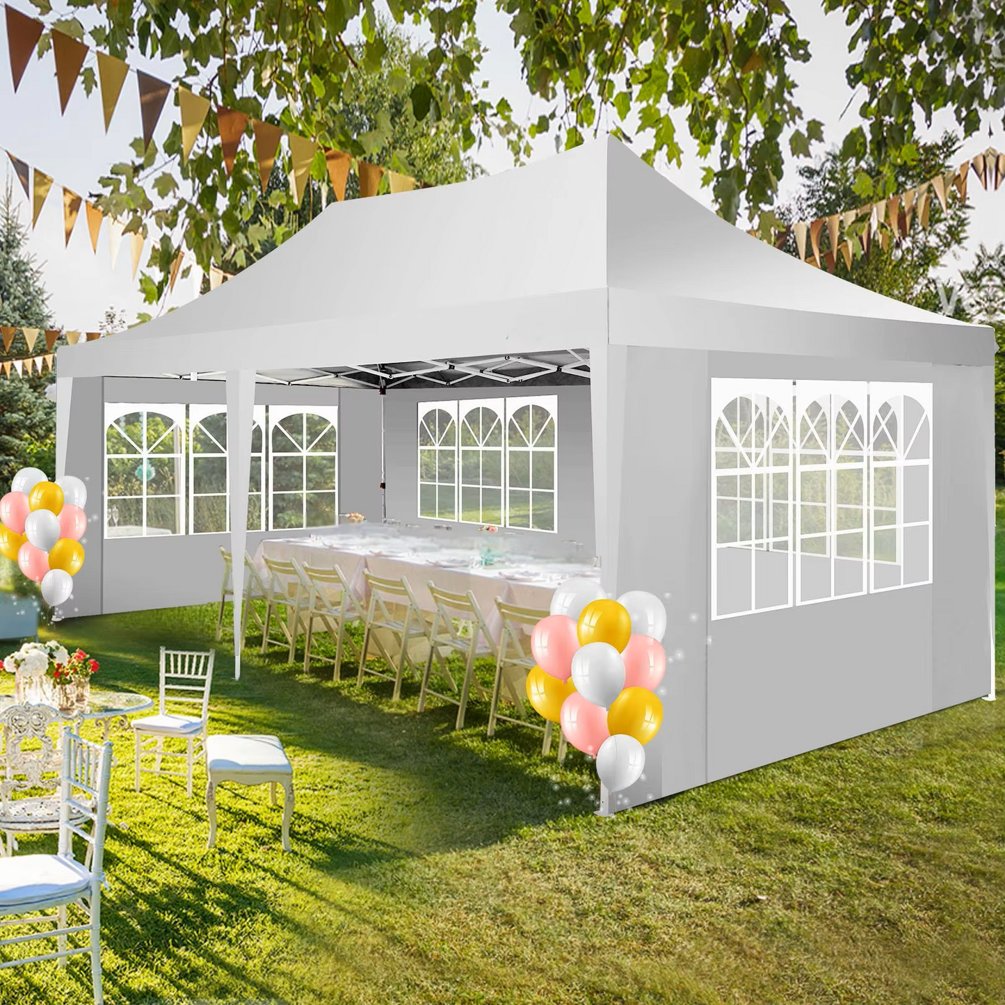 Paviljoen - Tuinpaviljoen - Partytent - Tuintent - Pop-up Kliksysteem - Stabiel - Vouwtent - met 6 Zijwanden - Opvouwbaar - Waterdicht - Winterbestendig - 50+UV-Bescherming - voor Tuin - Buiten - Achtertuin - 3 x 6 m - Wit