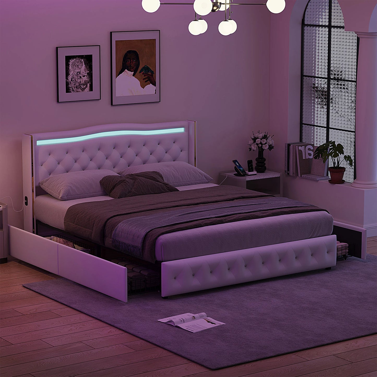 Tweepersoonsbed – Bed – Ledikant – Slaapbank – Opbergbed – 140x200 cm – Kunstleer Wit – LED-verlicht Hoofdbord – Vier Opberglades