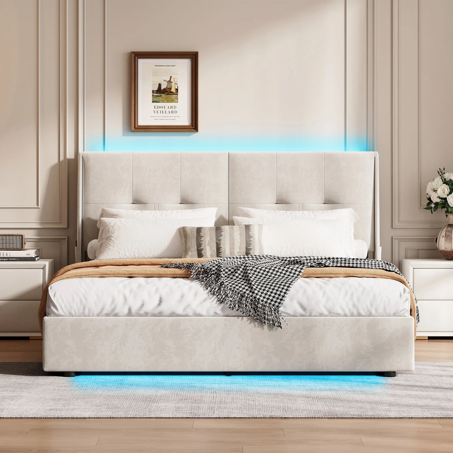 Led-bed – Gestoffeerd Bed – Tweepersoonsbed – Opbergbed – Lattenbodem – 140x200 cm – Met LED-verlichting en Opbergruimte